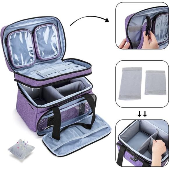 Double Layer Sewing Accessories Organizer with 2 Detachable Pouches, Purple - Picture 2 of 6